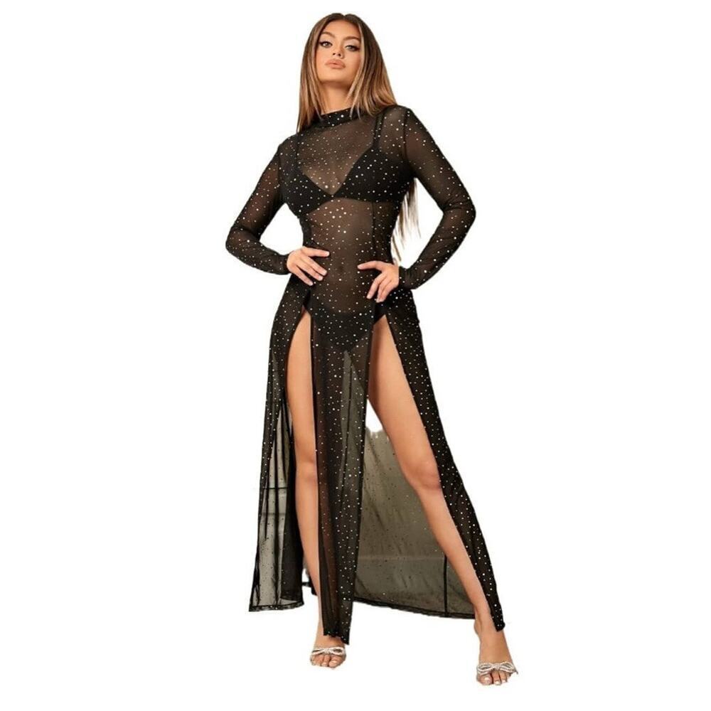 WESTERN FASHION Sexy Black Sheer Rhinestone Split Thigh Mesh Dress - Picture 1 of 5